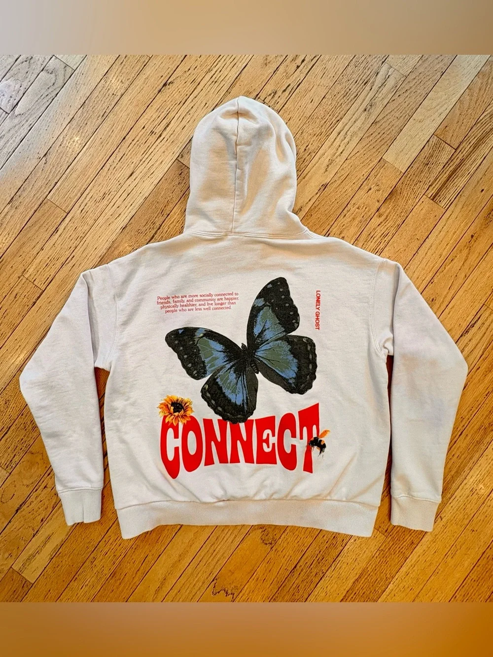 LONELY GHOST Cream Hoodie with Red Ghost Embroidery